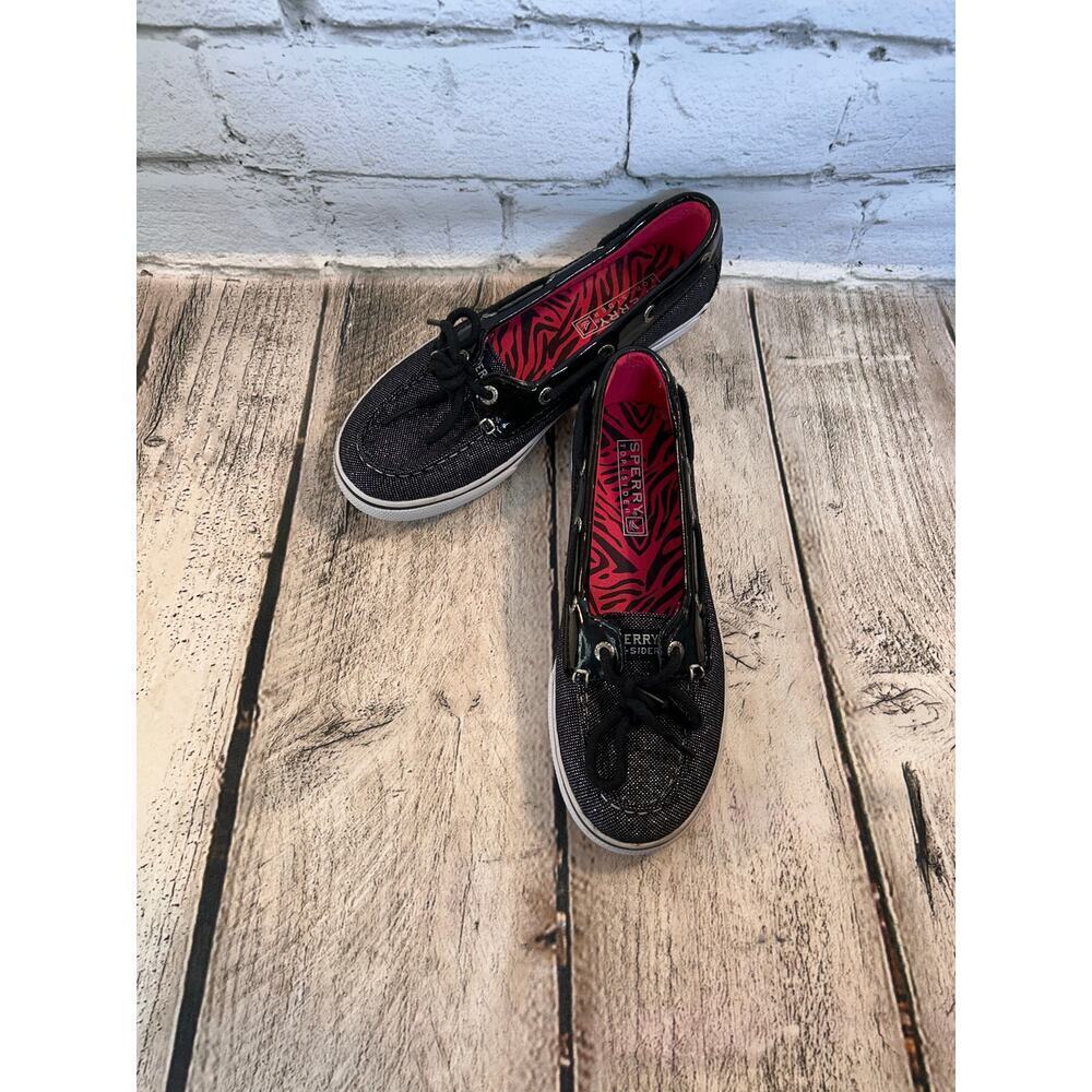 SPERRY Girl’s Top Sider Biscayne 1 Eye Black Sparkle Boat Shoes / Size: 2.5